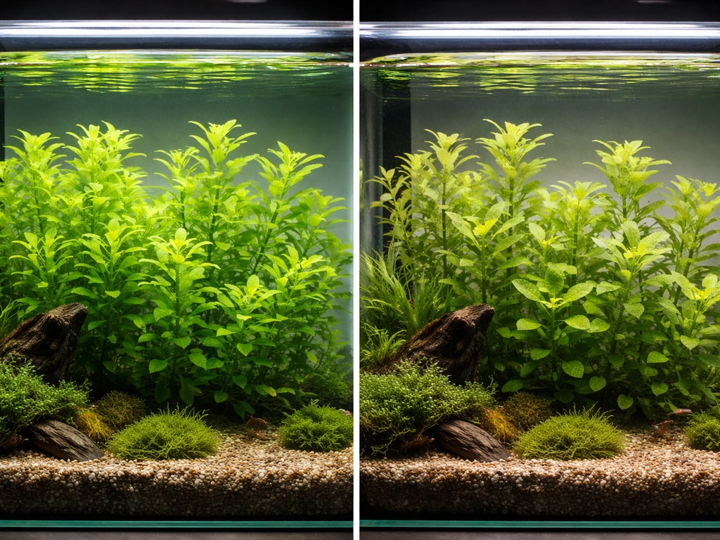 Side-by-side planted aquarium: thriving stems on one side, early green algae spots on the other.