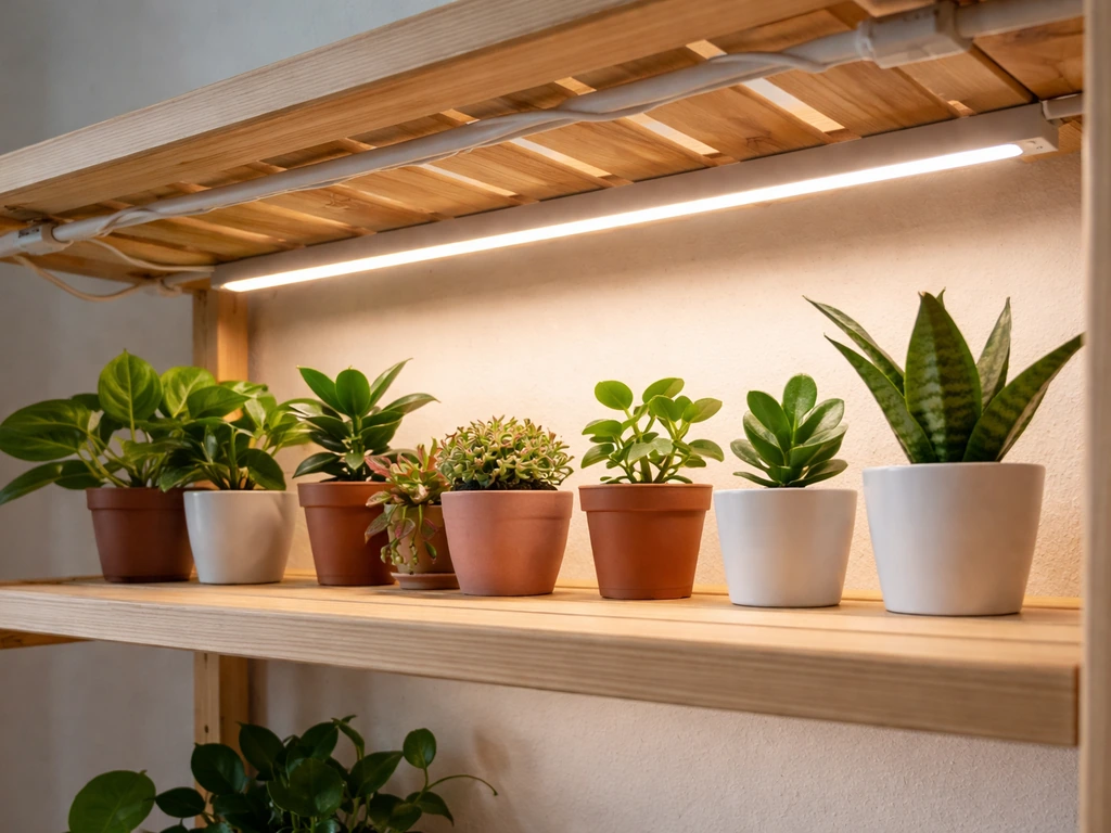 Indoor grow shelf with thin LED lights mounted underneath, illuminating potted plants from below.