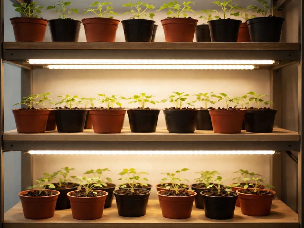 Multi-tier indoor grow shelf with under-shelf LED bars lighting plants above.