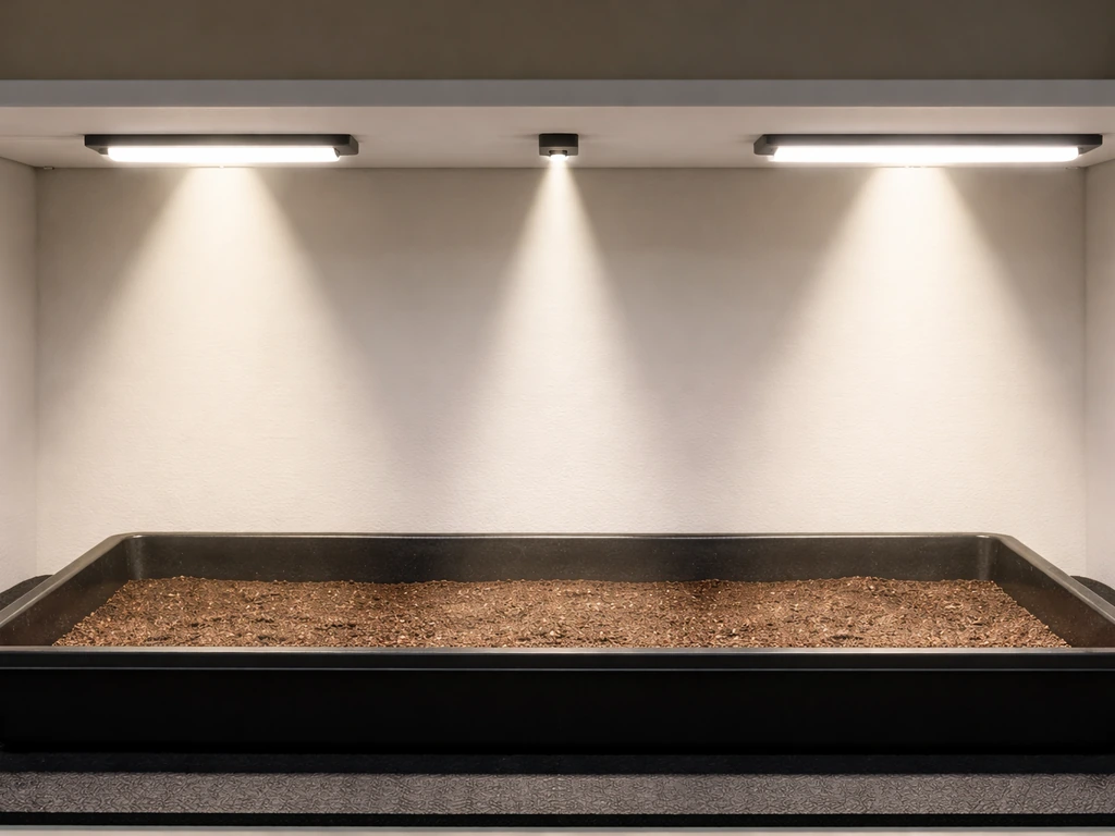 Three slim LED grow light fixtures on a simple grow tray setup, showing narrow and wide under-shelf beam spread.