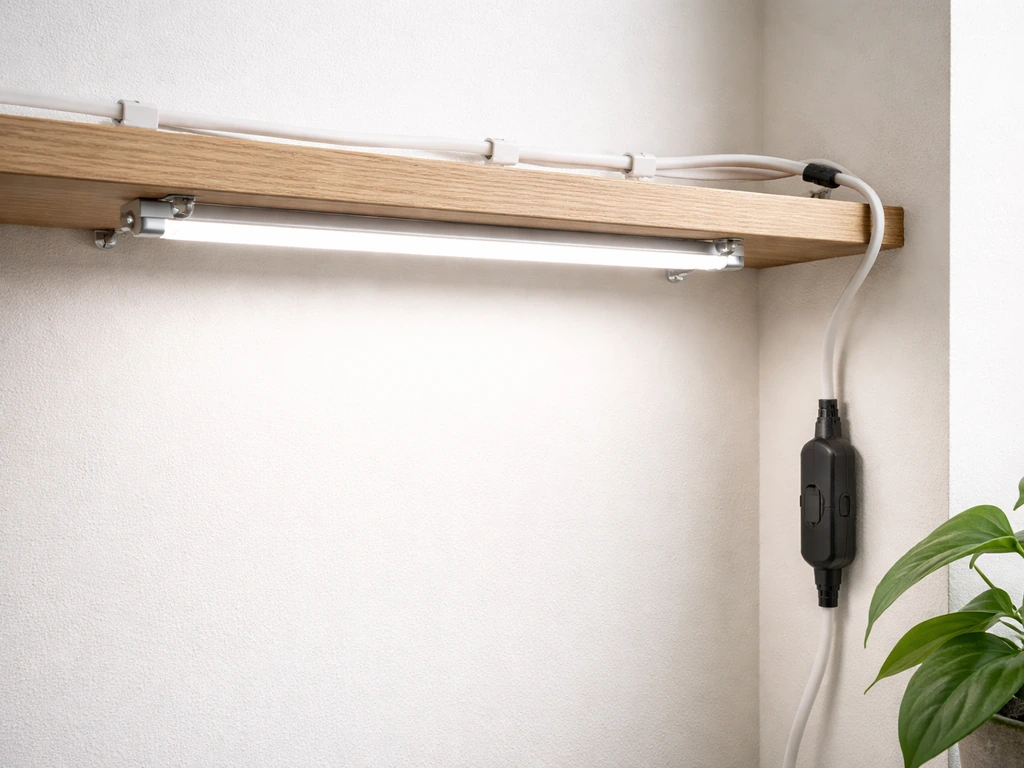 Thin LED grow light bar mounted under a shelf with neatly routed power cord and a waterproof inline switch
