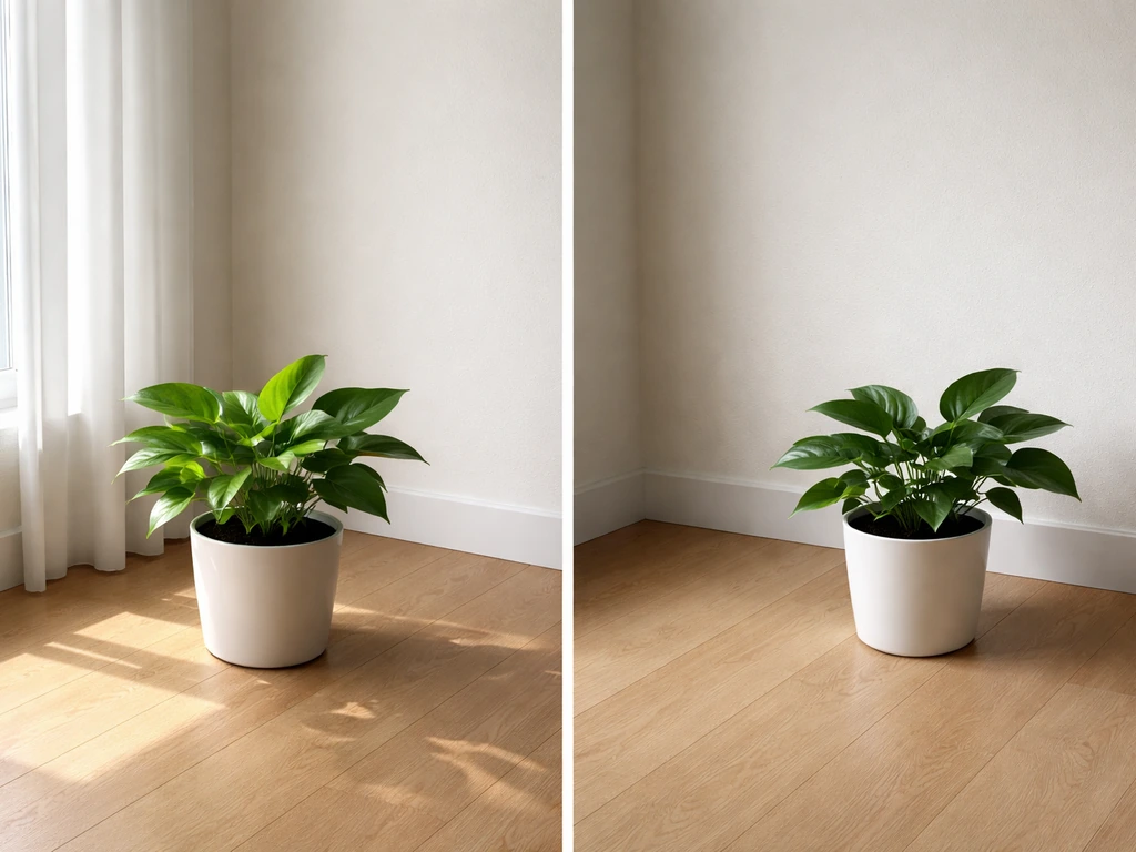 Two houseplant spots in a home—one near a bright window, one farther away with dimmer light