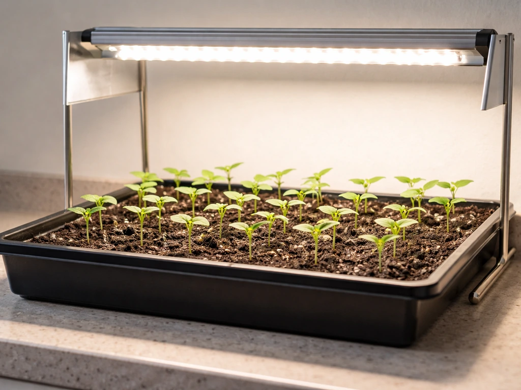 Close-up of small green seedlings under an LED grow light on a simple seed-starting tray.