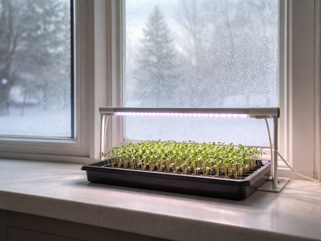 Winter home window with indoor seed-start setup and grow LEDs lighting microgreens.