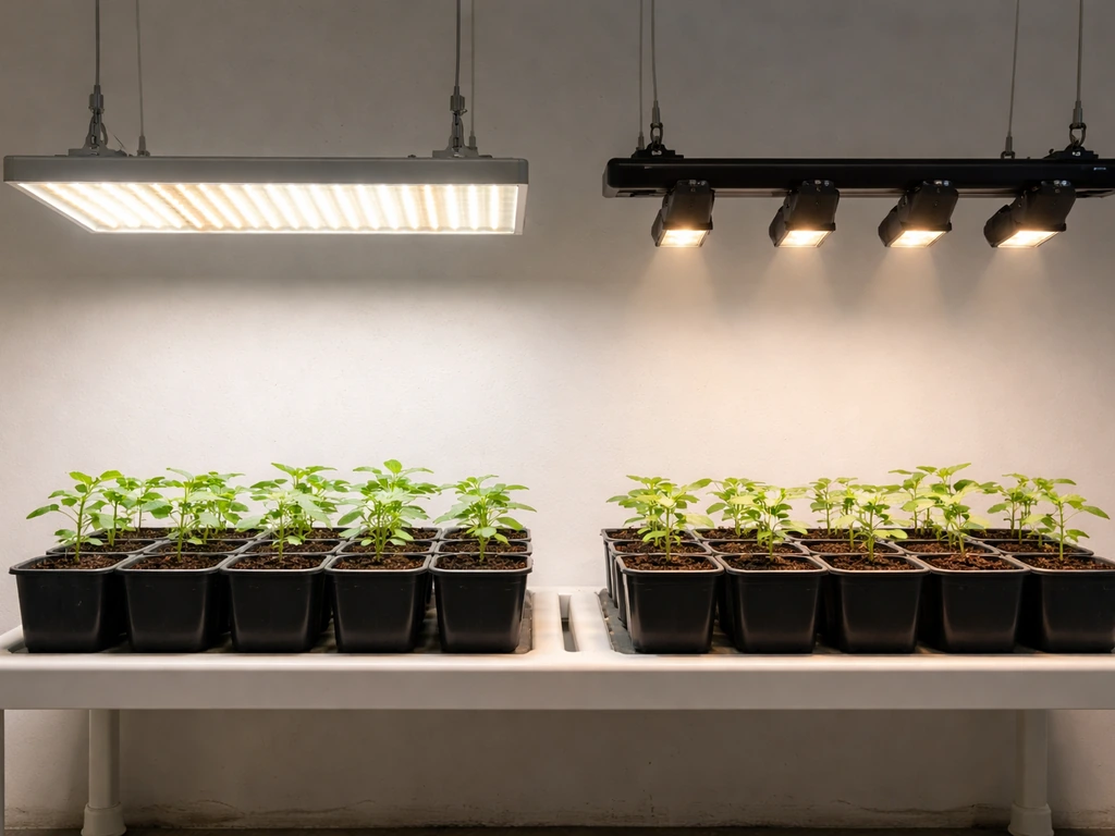 Two grow light styles side-by-side shining on seedlings, with different brightness levels.