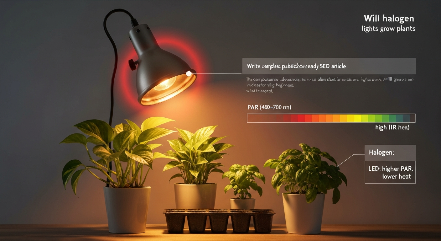 Halogen reflector lamp shining warm light on houseplants with an infographic overlay highlighting the PAR band and noting high infrared heat and low plant-useful output.