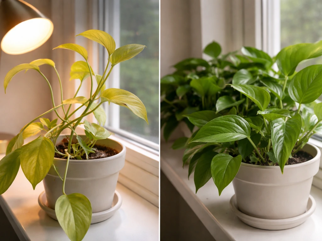Close-up of a houseplant with pale yellowing leaves and leggy stems indicating weak indoor light.