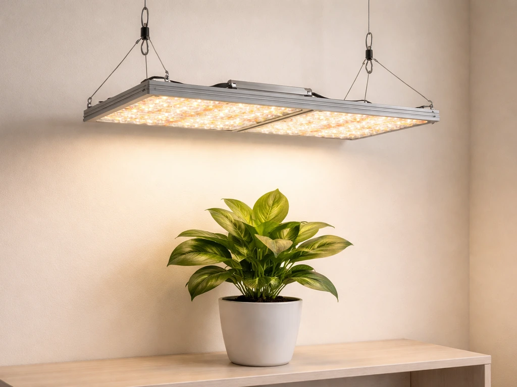 Full-spectrum LED grow light mounted above a potted plant with adjustable brackets in a tidy indoor setup.