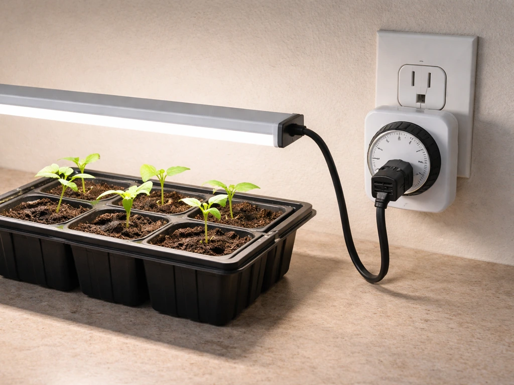 Small seedling tray beside an outlet timer controlling a plugged-in grow light.