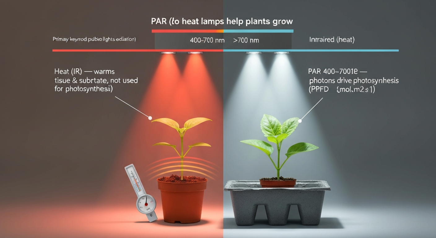 Split infographic of seedling and tray: left warmed by red heat lamp (IR) with soil thermometer showing higher temp, right lit by LED grow light labeled PAR 400–700 nm, illustrating heat versus photosynthetic light.