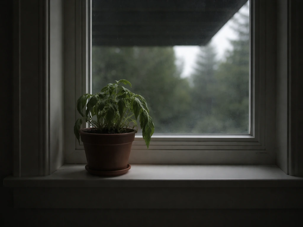 Indoor potted plant in front of a north-facing window with trees/overhang blocking sunlight.