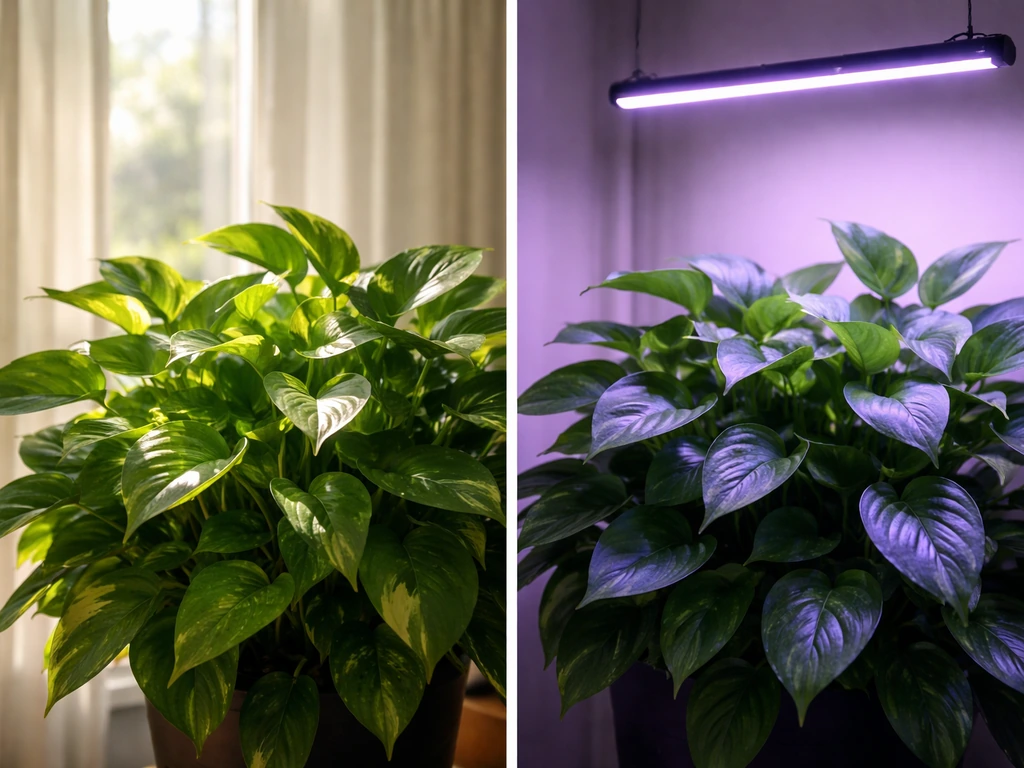 Leafy plant outdoors in sunlight left, same plant indoors under full-spectrum grow light right.