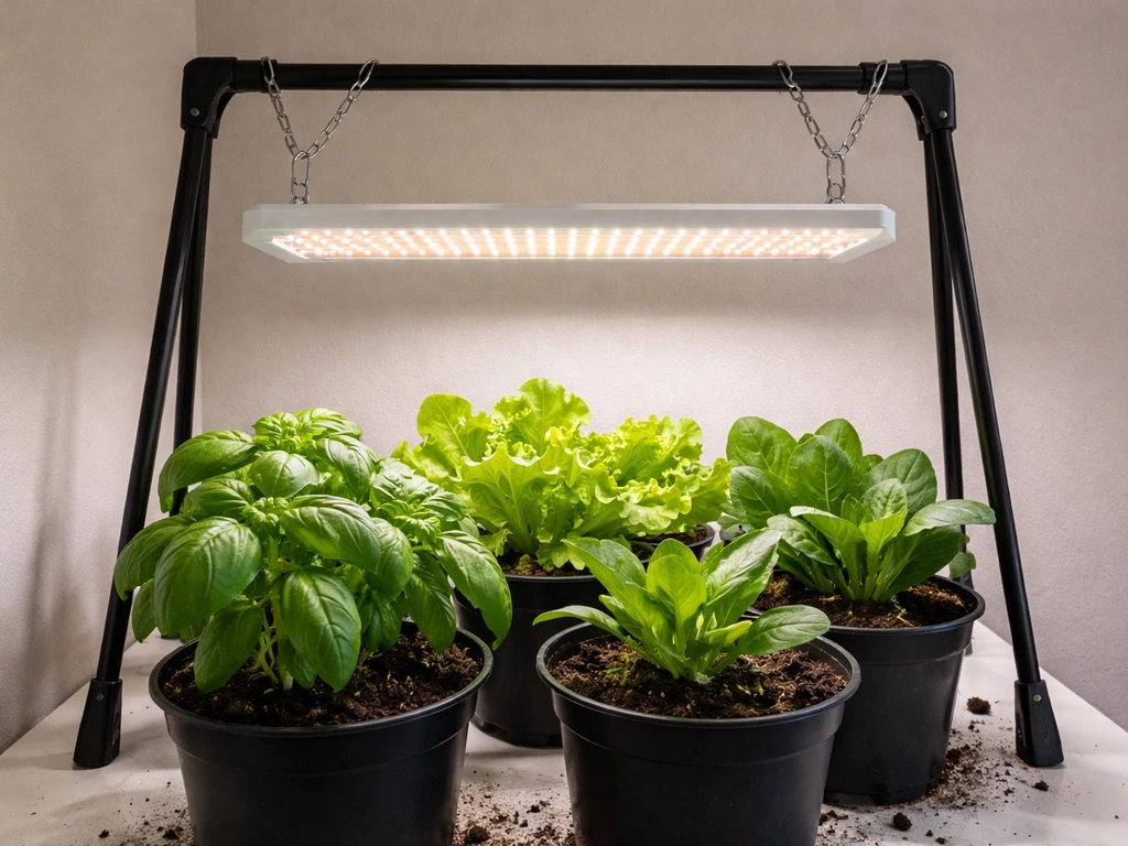 LED grow light mounted above healthy green plants with even leaf lighting at correct distance.