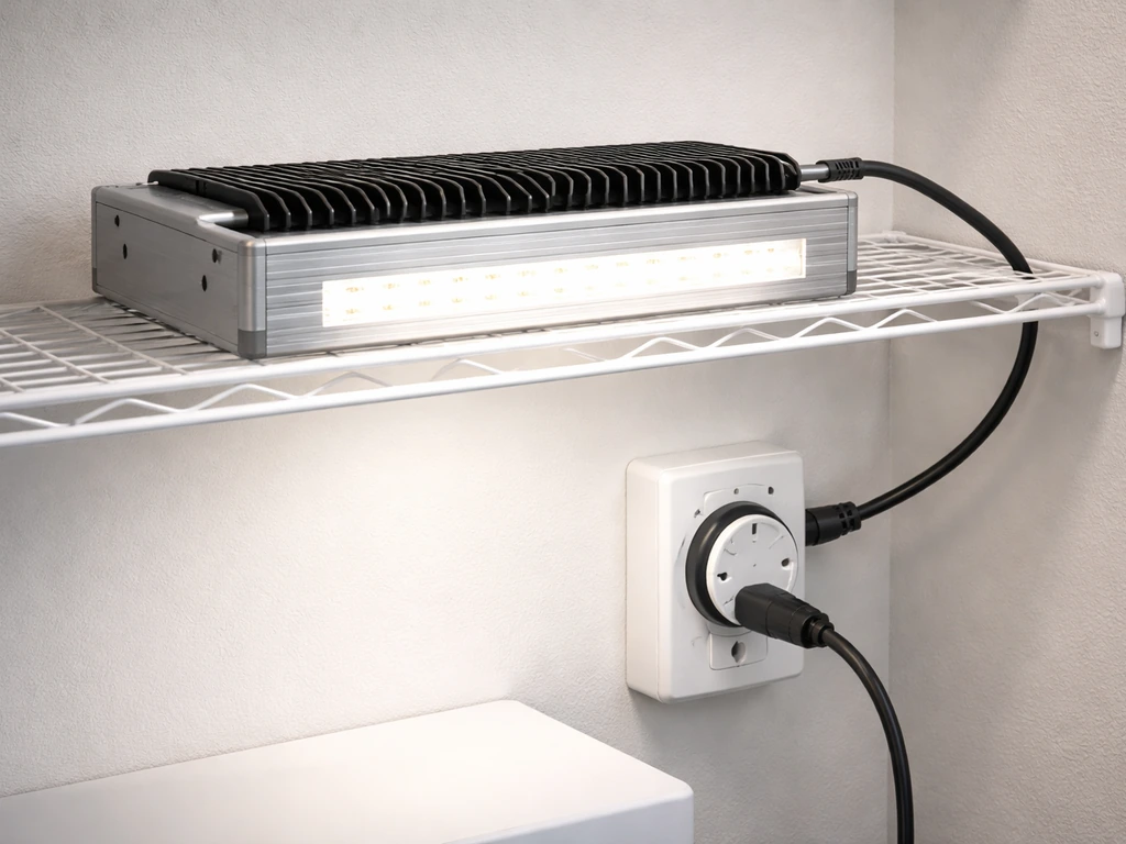 Close-up of a cool-to-touch LED grow light and power cable near an outlet, showing safe setup.