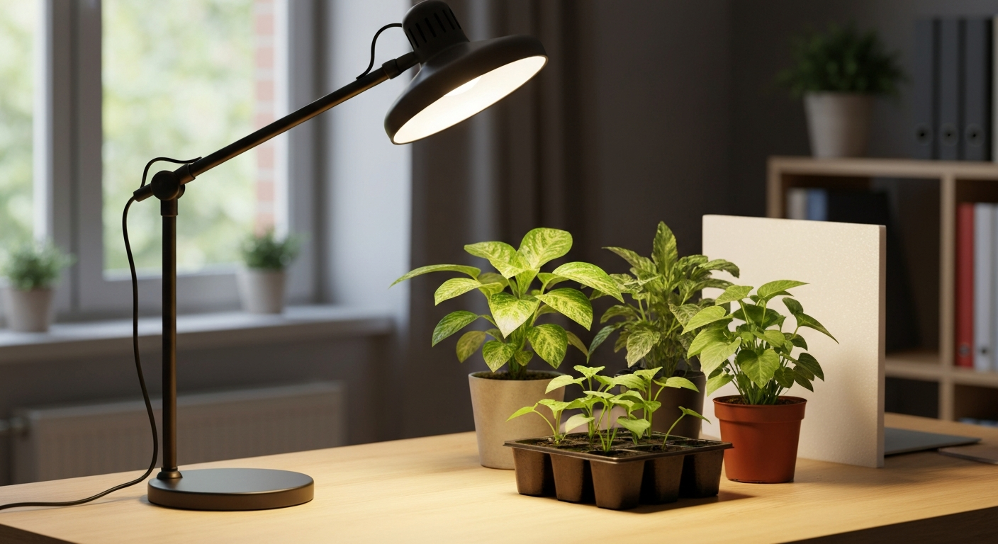 Photorealistic image of a desk lamp shining on a group of houseplants and a seedling tray, showing a typical home grow setup with a reflector behind the plants.