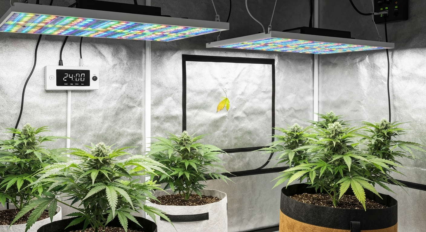 Indoor grow tent with autoflower cannabis plants under continuous LED light; mostly healthy plants with one leaf showing slight yellowing and a digital timer displaying continuous light.