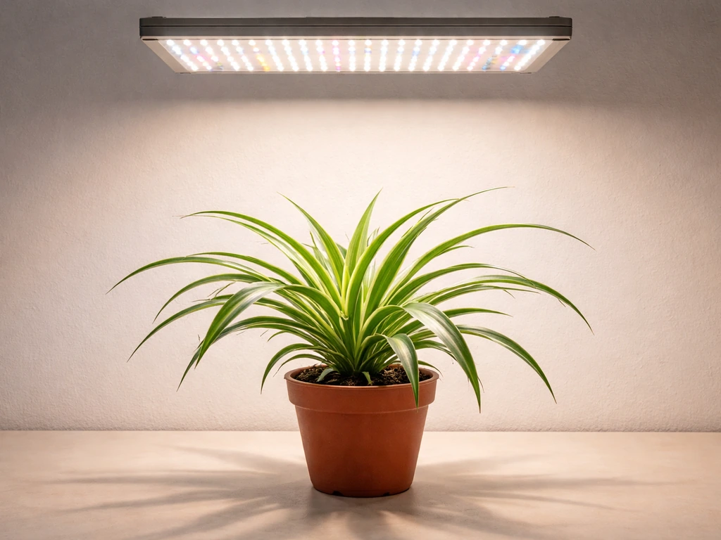 Spider plant centered under a full-spectrum LED grow light with clear distance and focused area visible.
