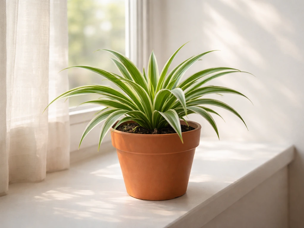 Healthy spider plant in a terracotta pot by a bright window with natural sunlight.