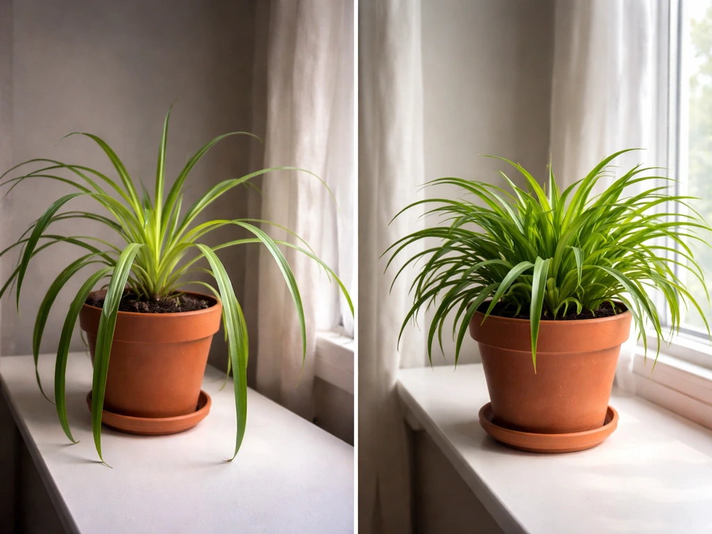Two spider plants in small pots, one leggy under weak light and one fuller after moving to brighter light.