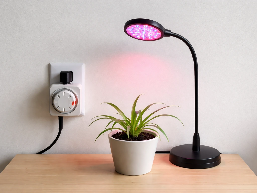 Outlet timer controlling an LED grow light glowing over spider plants in a small indoor setup.