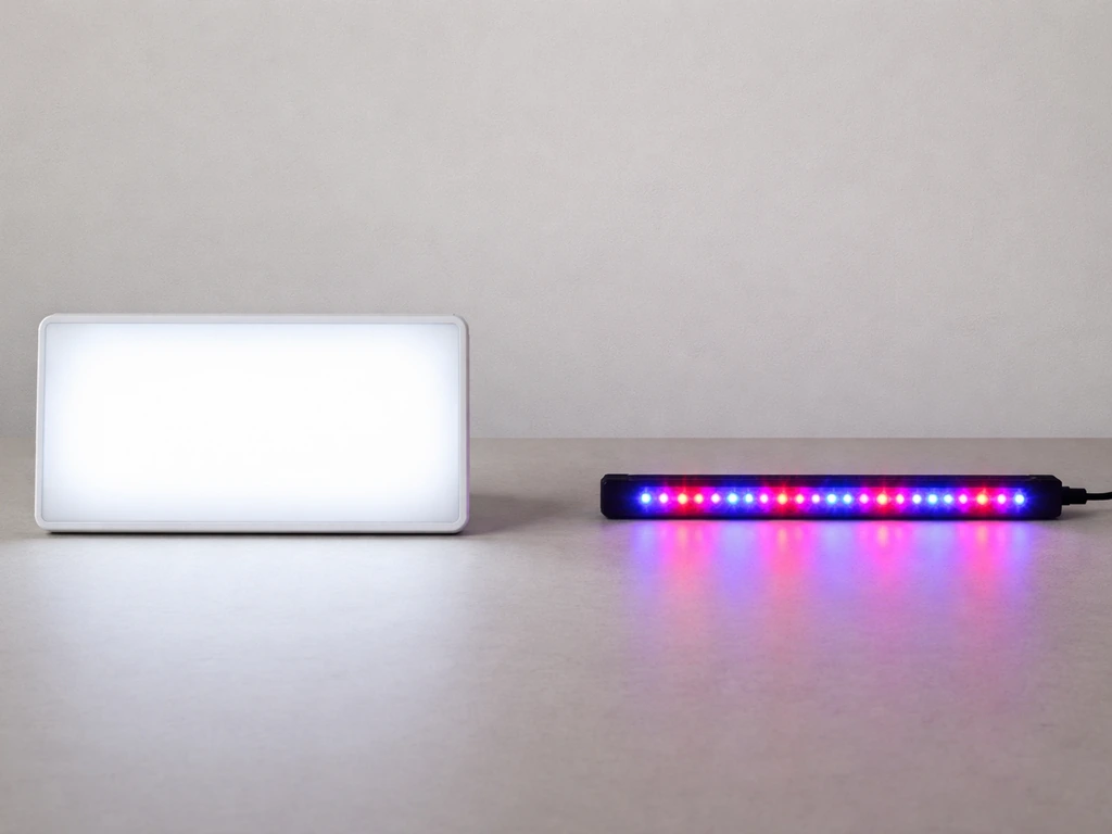 Side-by-side photo of a white medical lightbox and a blue-red plant grow light on a simple table.