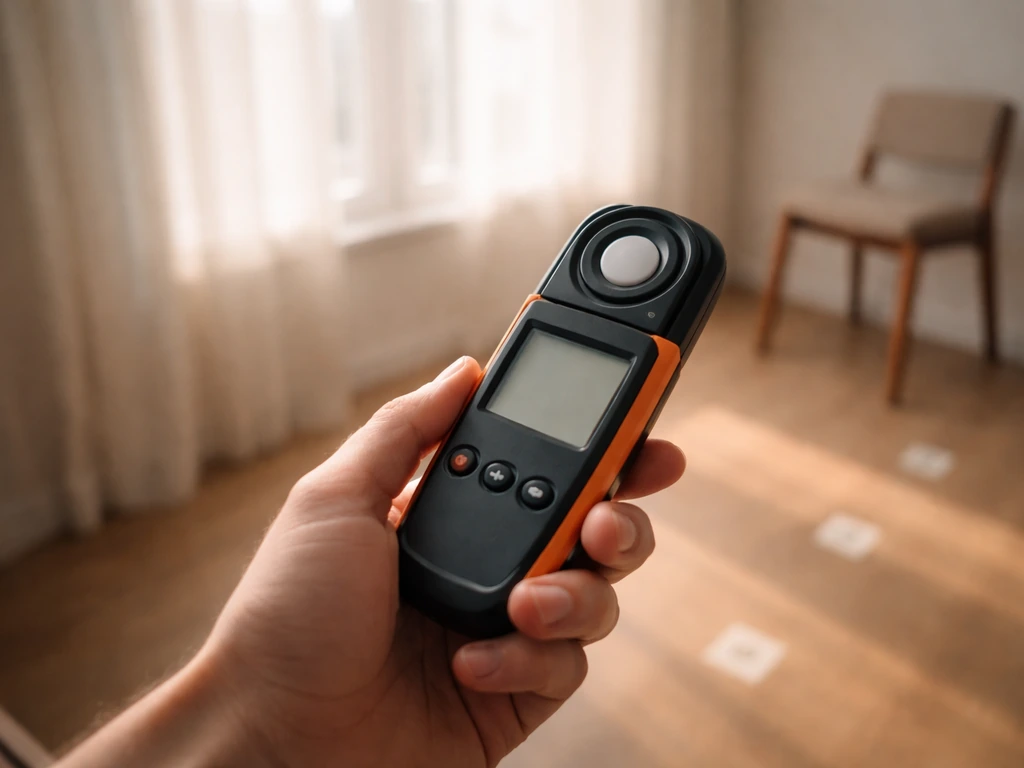 Hand holds a lux meter at seated eye level facing daylight, with simple ground markers for measuring distance.