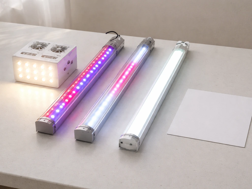 Three grow-light fixtures side by side: full-spectrum white LED brightest, red/blue LEDs and fluorescent dimmer.