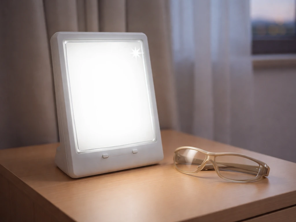 Close-up of an SAD light box with a visible UV-blocking filter and safety goggles on a bedside table.