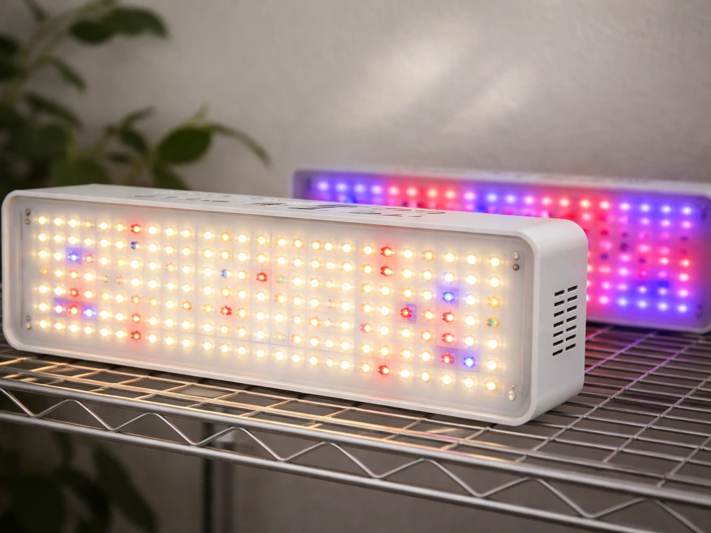 Close-up of two LED grow fixtures side by side: full-spectrum with white/red/blue LEDs vs blurple layout.