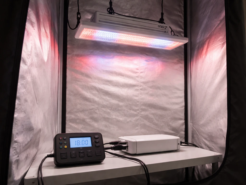 LED grow light switched on above a grow tent with a timer/photoperiod controller nearby on the floor