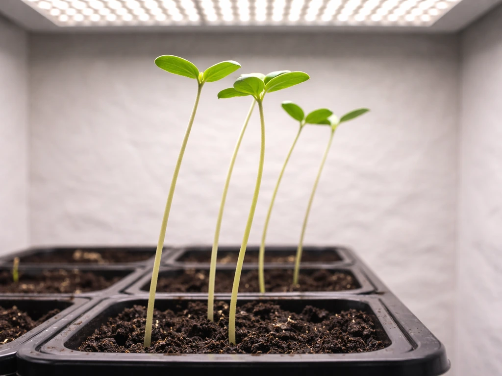 Tall, thin seedlings leaning toward an overhead LED light in a minimal indoor grow setup.