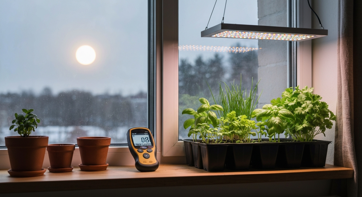 Windowsill in winter with a full‑spectrum LED grow light over healthy seedlings and herbs, low winter sun visible through the window.