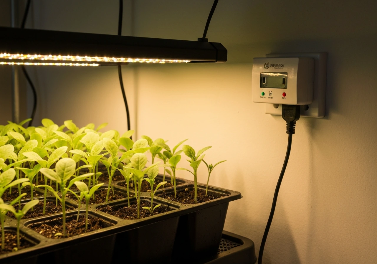 LED grow light over healthy seedlings with a visible timer plug showing controlled lighting schedule.