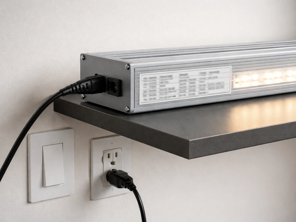 Close-up of an LED grow light near a wall outlet and power switch, suggesting continuous operation safety.