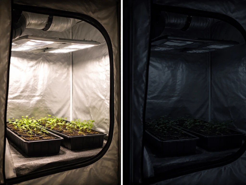 Side-by-side grow tent setups showing seedlings under shorter light cycles with lights off at night