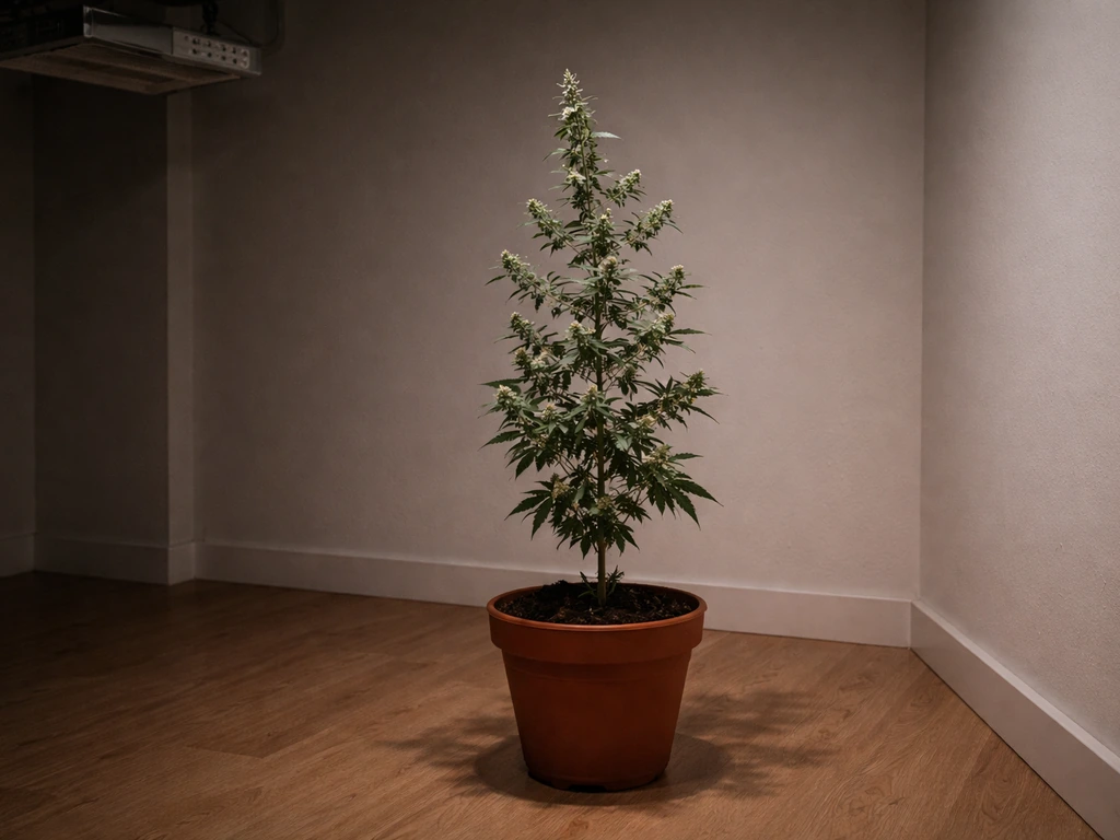 Minimal indoor grow setup with a flowering plant under timed grow lights, lights off during a dark period.