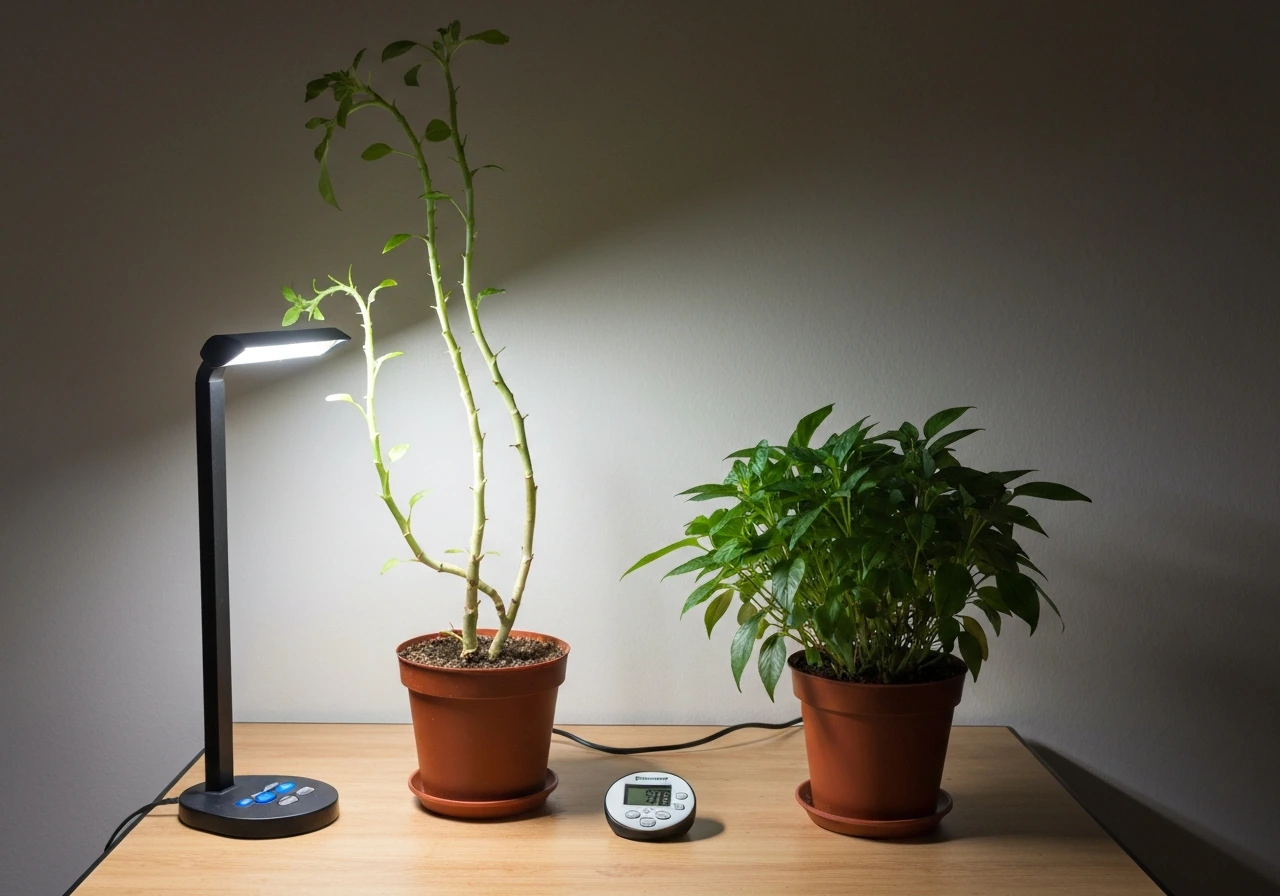 Two potted plants, one leggy and pale from too little light, beside a timer and grow light in a simple indoor setup.