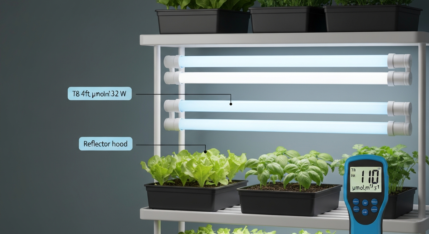 Indoor grow shelf with seedlings under two 4-ft T8 tubes, PAR meter reading 110 µmol·m⁻²·s⁻¹ and label showing 4 in distance.