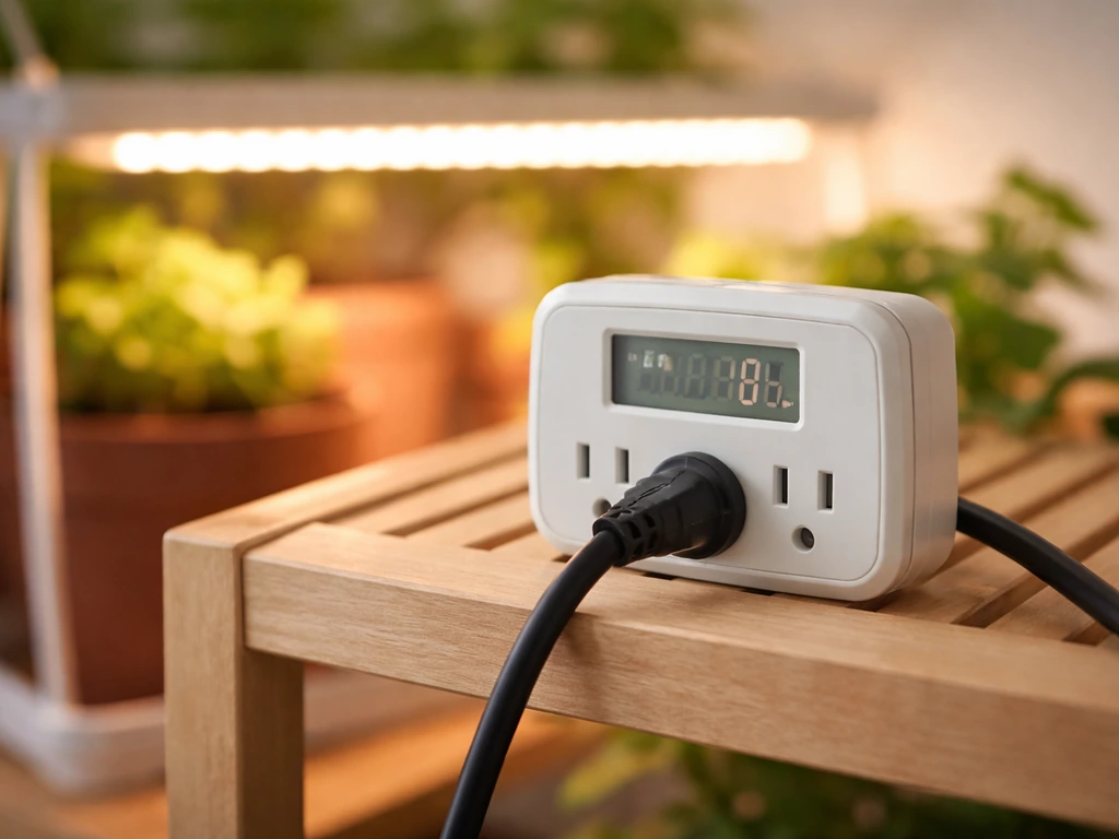 Close-up of a grow light timer plug with a scheduled on/off cycle display on a wooden stand.