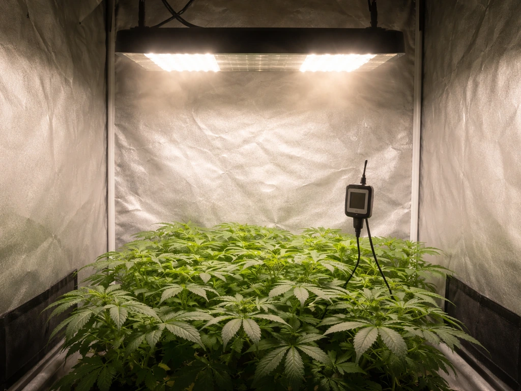 LED grow light over a small grow tent with a heat probe near the canopy to show heat buildup.