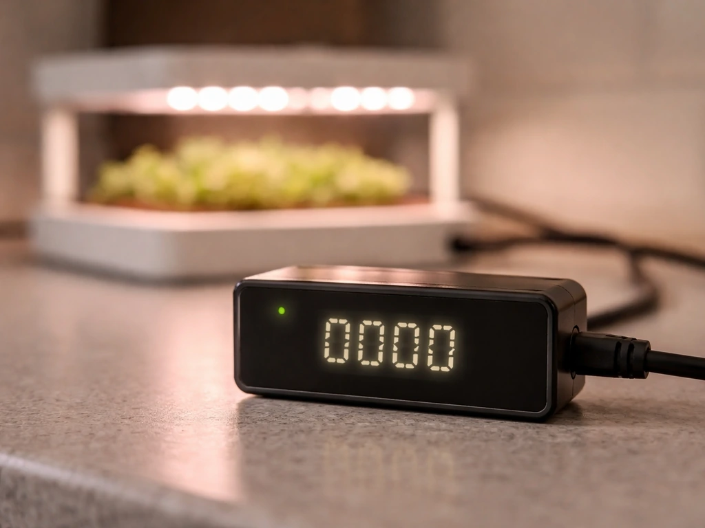 Close-up of a digital power meter beside a running LED grow light, with glowing indicator lights.