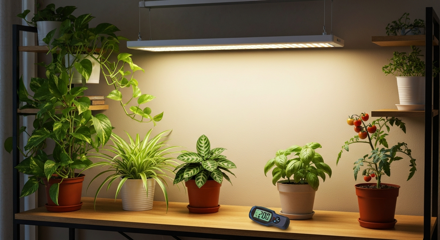 Indoor scene of diverse healthy houseplants (pothos, spider plant, prayer plant, basil, cherry tomato) growing under a full‑spectrum LED panel with a PAR meter visible.
