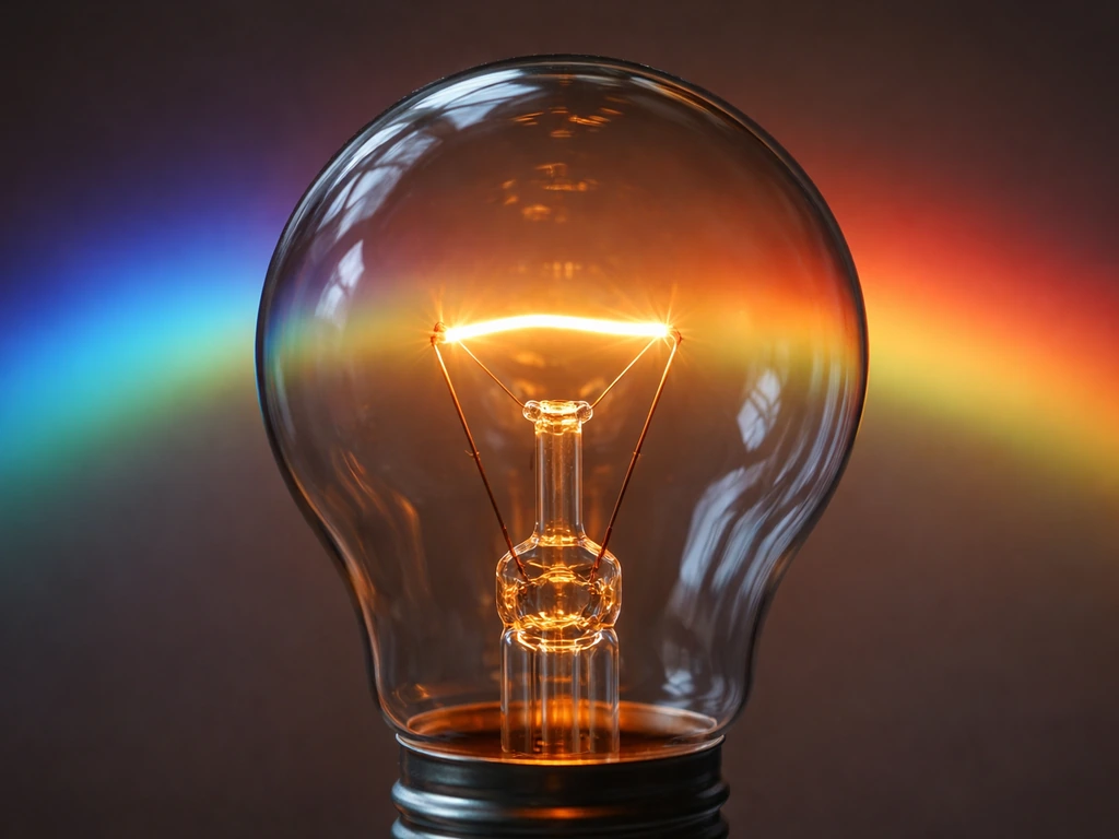 Close-up of a glowing tungsten filament inside an incandescent bulb with a faint 400–700 nm light band.