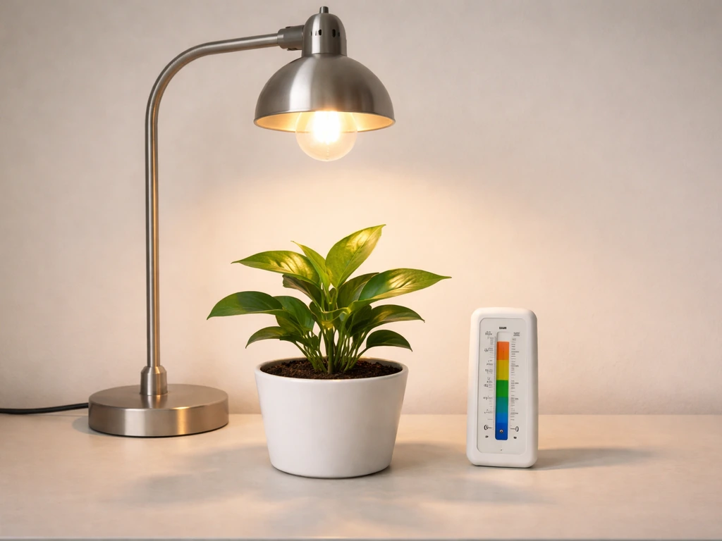 Plant under a lit incandescent bulb in a simple lamp fixture with a small heat indicator nearby