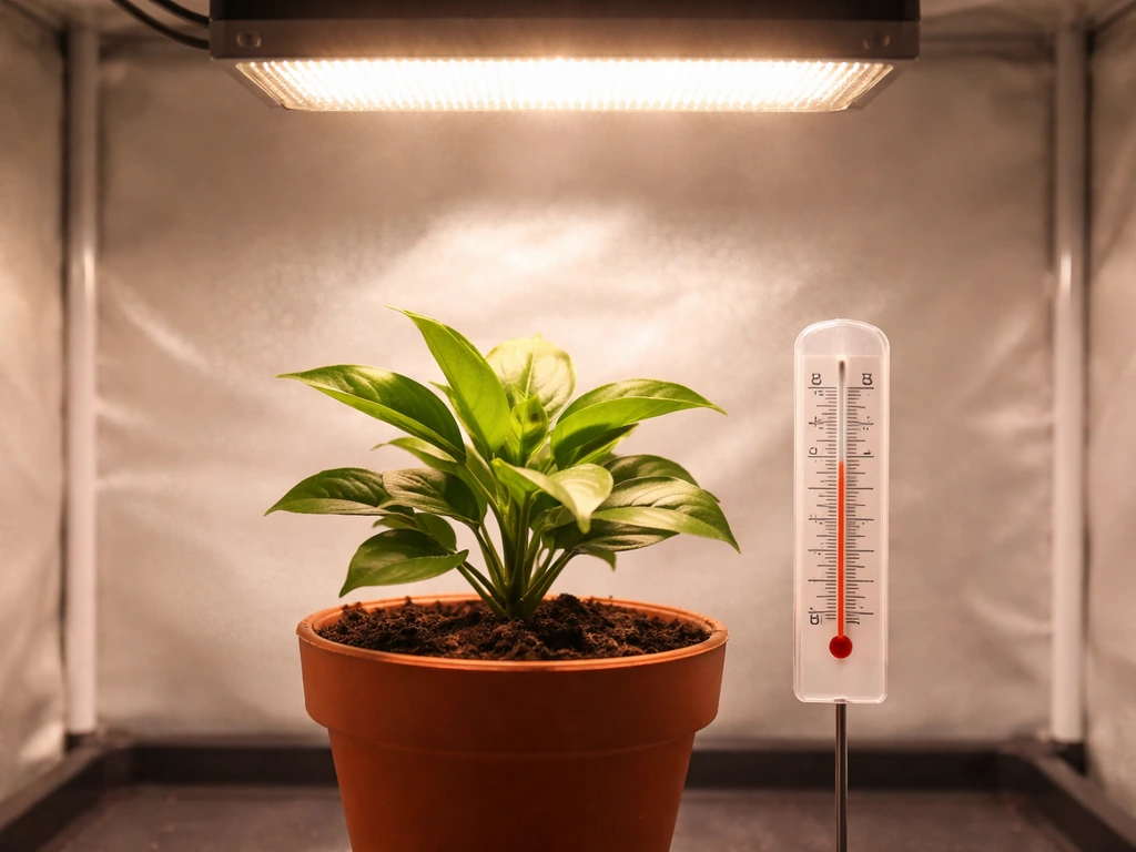 Grow light warming a small plant under light, with a nearby thermometer showing temperature