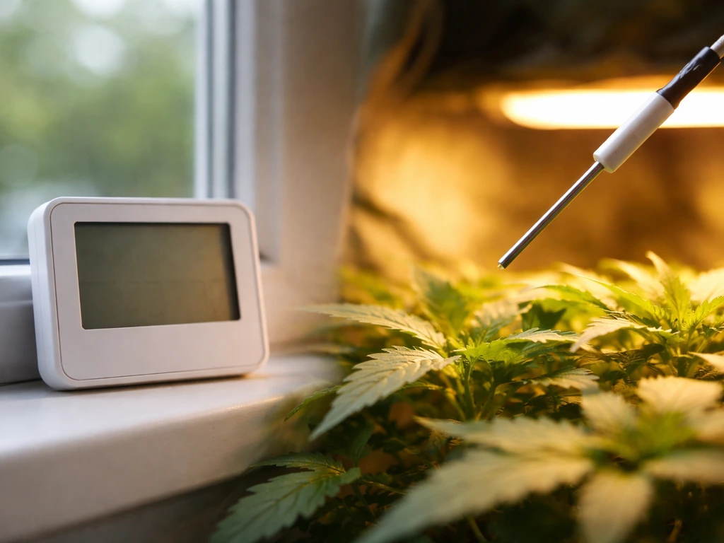 Two thermometers beside a leafy plant canopy under a warm grow light, showing ambient vs probe temperature.