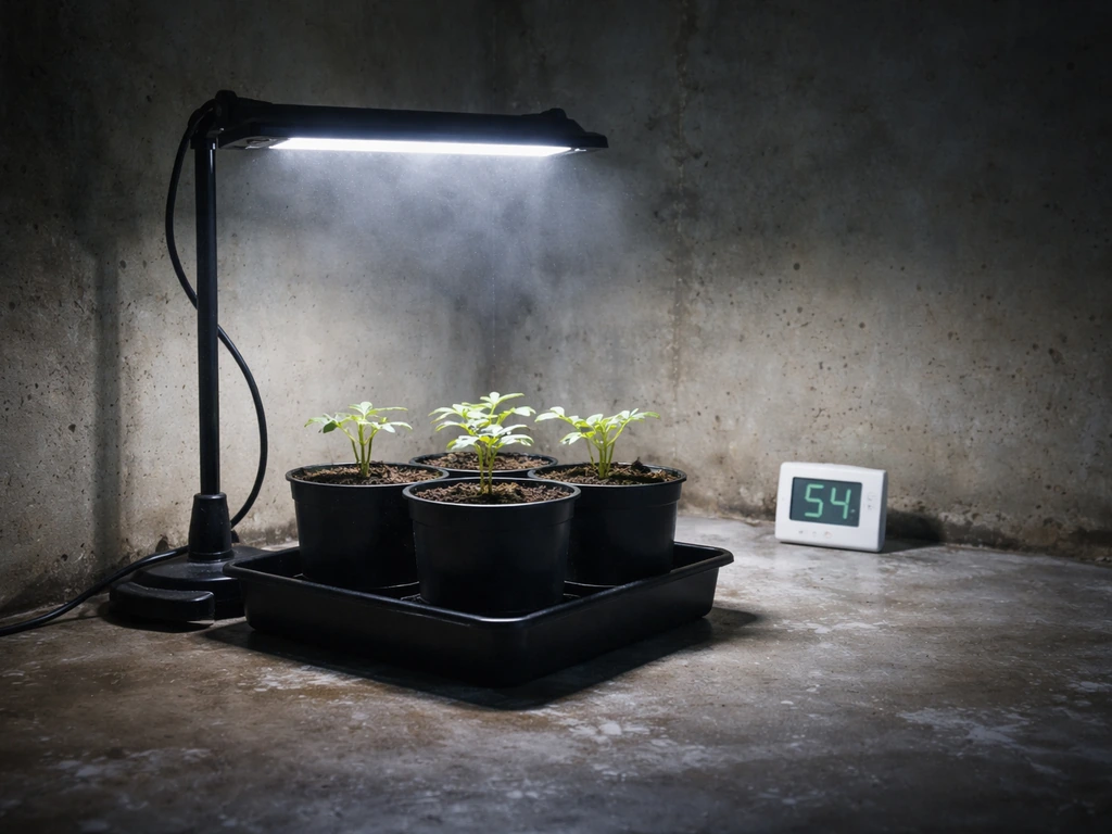 LED grow light over seedlings in a cold basement with a nearby digital temperature readout showing little change.