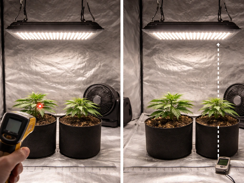 LED grow light above potted plants with a thermometer checking leaf-zone temperature and a small airflow fan nearby.