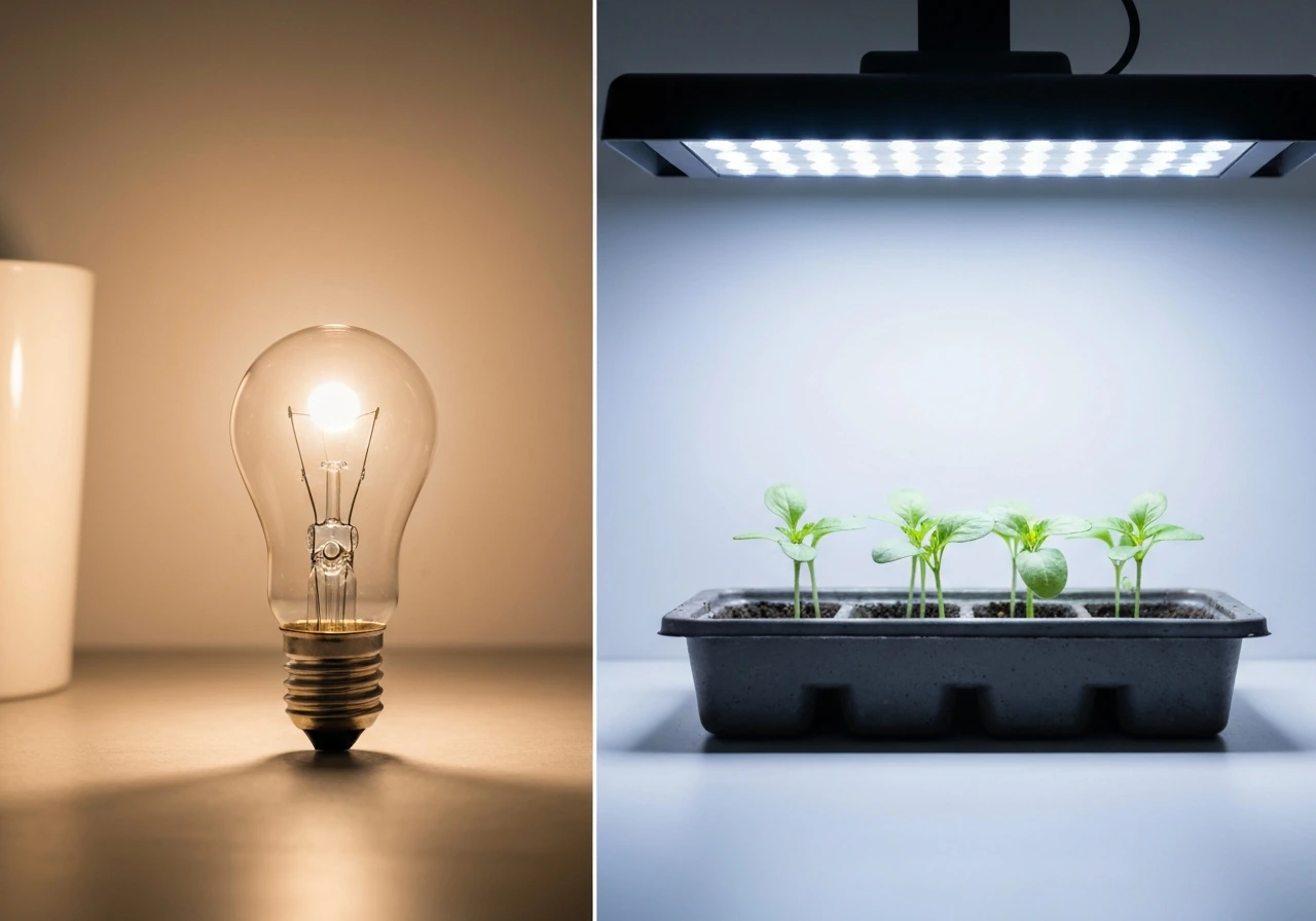 Regular household light bulb beside seedlings under a grow light, split view showing the comparison.