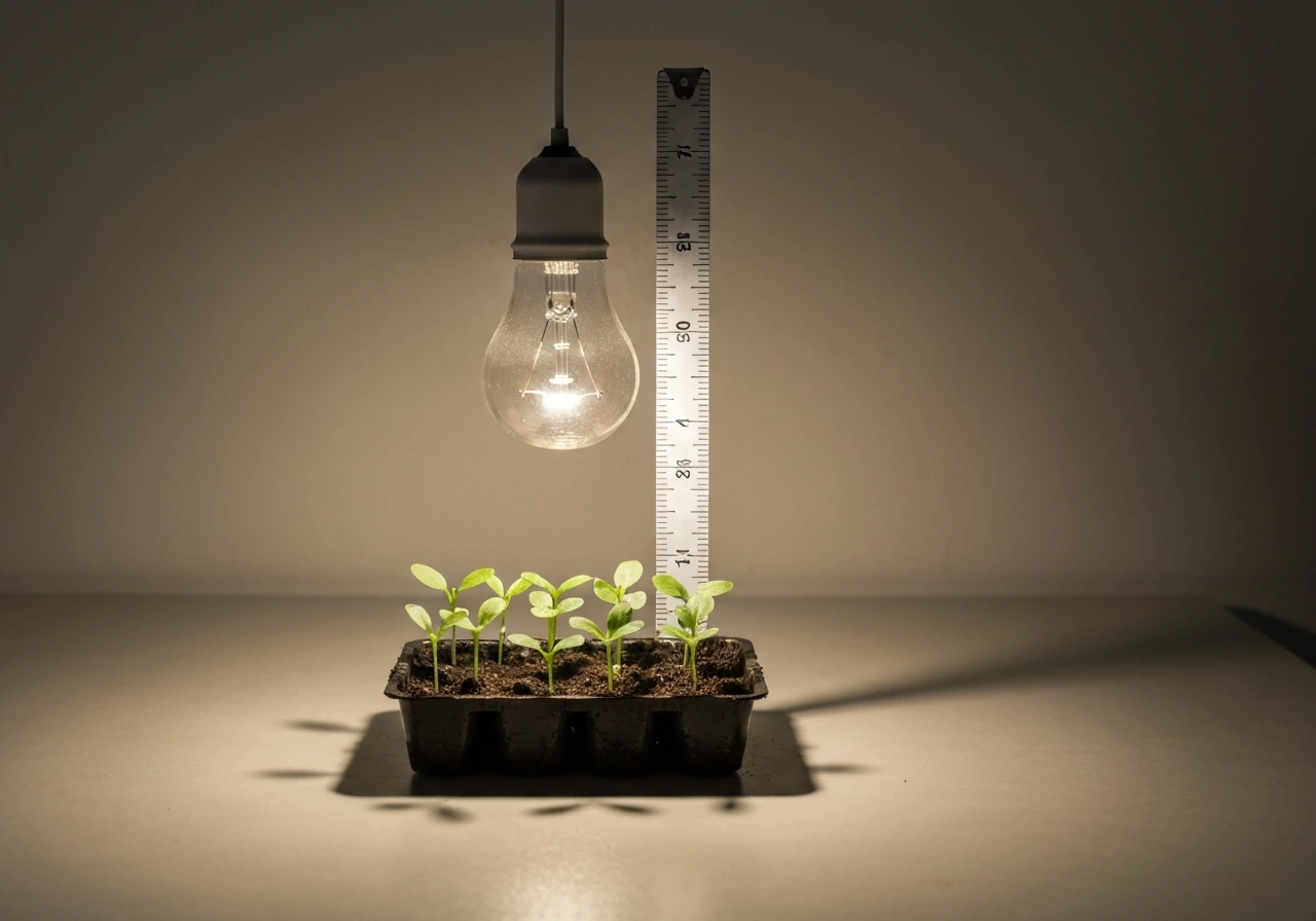 Seedling tray under a single regular bulb with a simple distance indicator beside it.